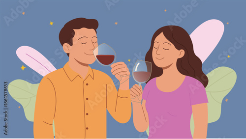 wine lover, Couple Enjoying Wine Toast with Angelic Wings on Romantic Evening