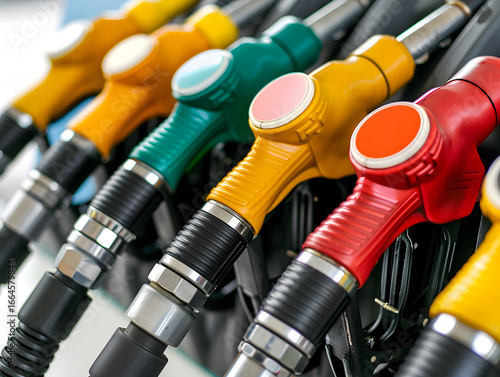 Clean macro photograph featuring Fuel nozzle close up fuel pump petrol station gas station equipment isolated on transparent background, glossy finish with clean specular highlights, studio product ph