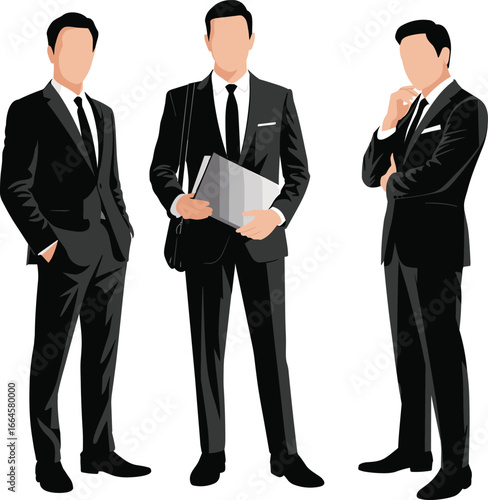 Group of businessmen vector illustration in formal suits, corporate teamwork concept, flat cad drawing, professional office workers, modern business artwork