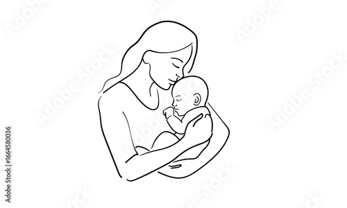 Mother rocks baby, continious line drawing. Motherhood, Mother's Day outline. Vector illustration