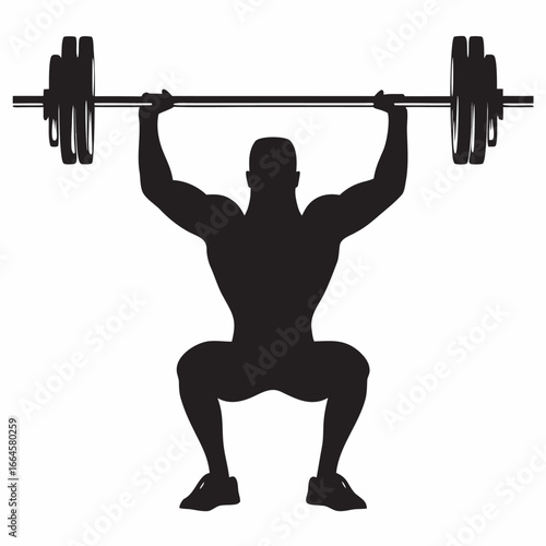 Man lifting weights in a squat position with barbell overhead