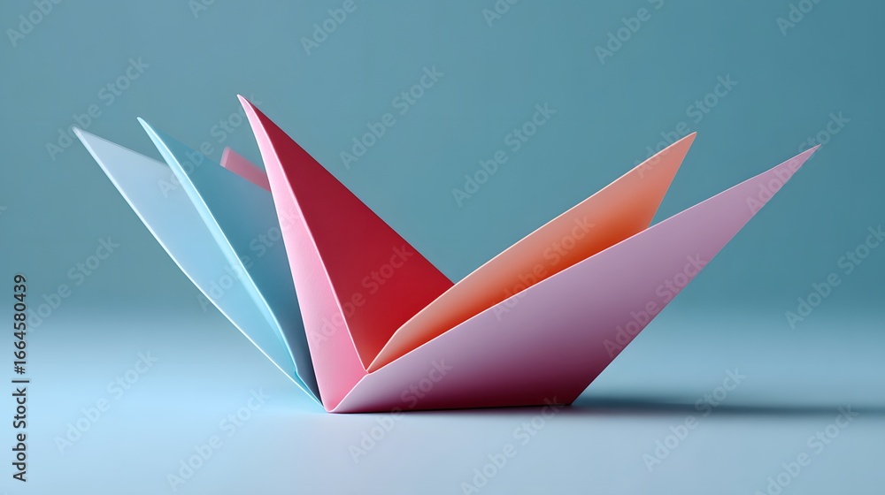 Fototapeta premium Colorful Paper Origami Sculpture in Shades of Pink, Red, and Blue on a Light Background