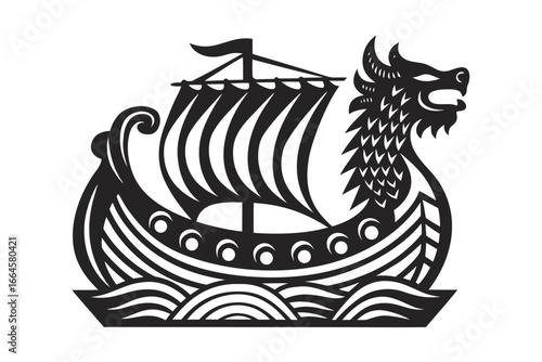 Intricate Black Viking Ship with Dragon Head on White Background
