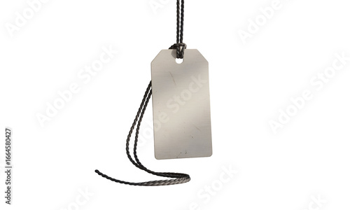 Blank metal identification tag with a black and white cord hanging isolated on a clean white background, ready for customization