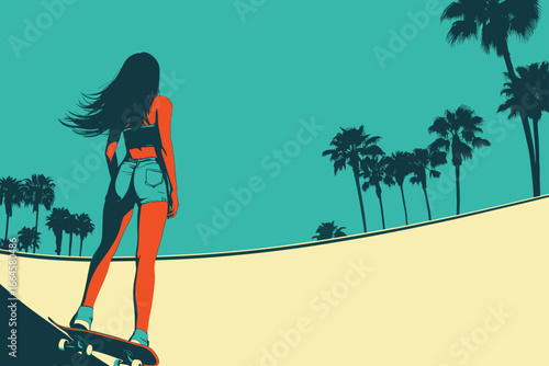 Skateboarding Girl with Palm Trees at Sunset