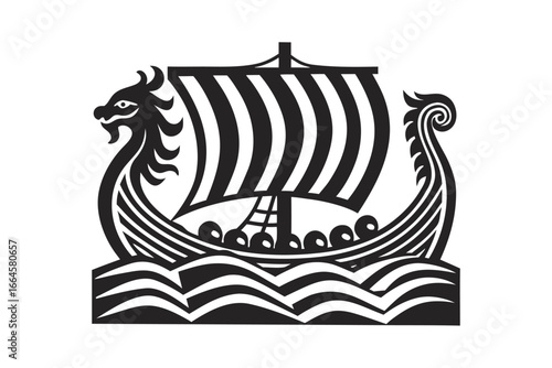 Black and White of a Viking Drakkar Ship on Wavy Sea