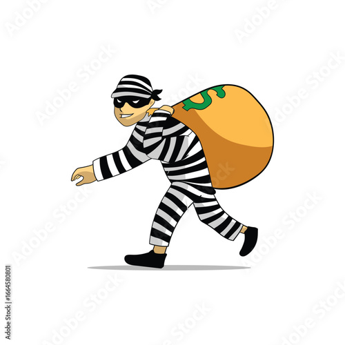 Cartoon Thief Character Vector – Robber in Striped Suit Carrying Money Bag