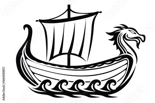 Norse Viking Ship with Dragon Head and Sails on White