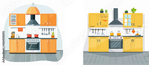 A flat design illustration of two modern kitchens with orange and yellow cabinets, featuring stoves, ovens, sinks, and various kitchenware.