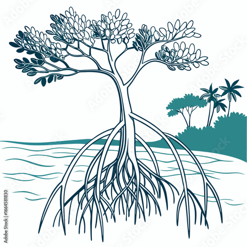 Mangrove tree with roots by the water and tropical background concept of icon  