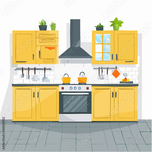Illustration of a modern kitchen with yellow cabinets, stove, and plants.