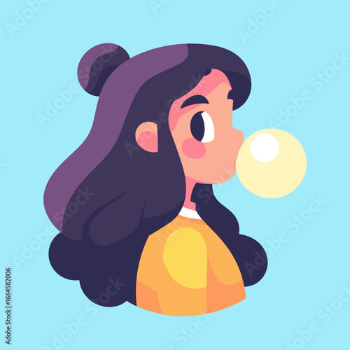 Colorful Illustration of a Girl Blowing Bubblegum