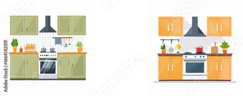 Two illustrations of modern kitchens with green and orange cabinets, featuring stoves, ovens, and overhead storage.