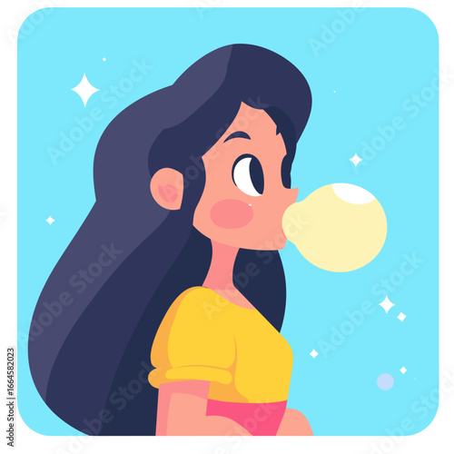 Colorful Illustration of a Girl Blowing Bubblegum