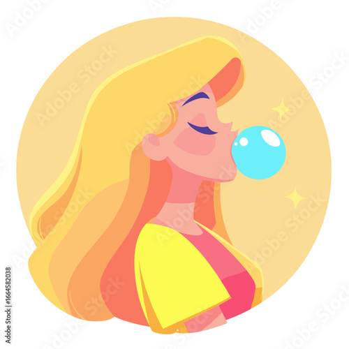 Colorful Illustration of a Girl Blowing Bubblegum