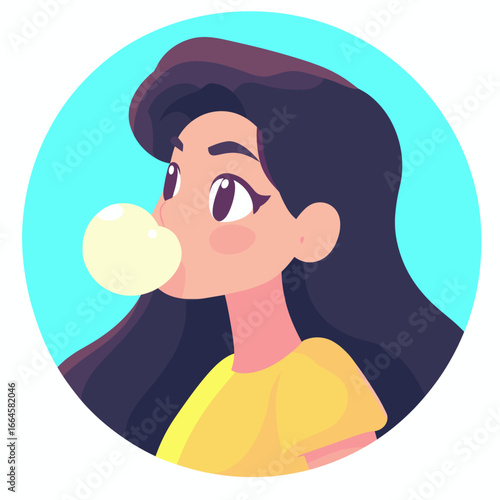 Colorful Illustration of a Girl Blowing Bubblegum