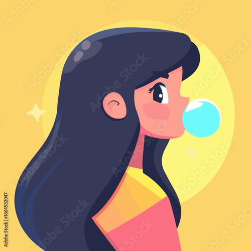 Colorful Illustration of a Girl Blowing Bubblegum