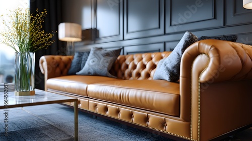 Wallpaper Mural Elegant Living Room Featuring Luxurious Orange Leather Sofa with Modern Decor Elements Torontodigital.ca