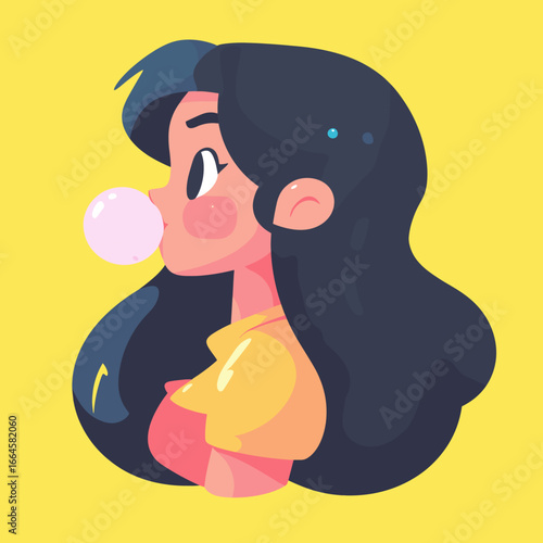 Colorful Illustration of a Girl Blowing Bubblegum