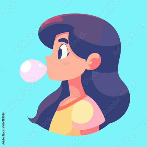 Colorful Illustration of a Girl Blowing Bubblegum