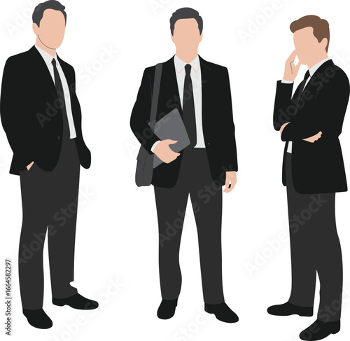 Three businessmen vector illustration in formal suits, corporate teamwork concept, flat cad drawing, professional office workers, modern corporate business artwork
