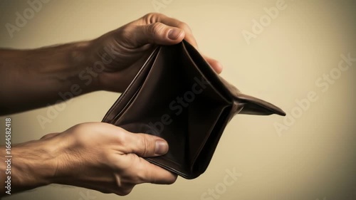 Empty wallet held in hands against a light beige background