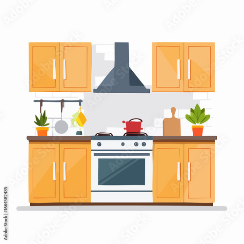A modern kitchen interior illustration featuring wooden cabinets, a white stove with a red pot, and a dark grey exhaust hood.