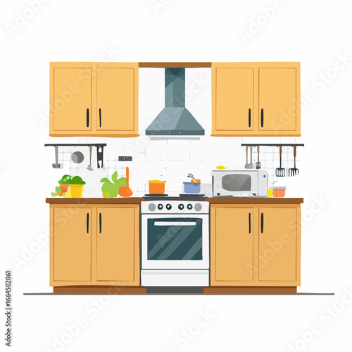 Modern kitchen interior with wooden cabinets, stove, oven, microwave, and cooking utensils on a white background.