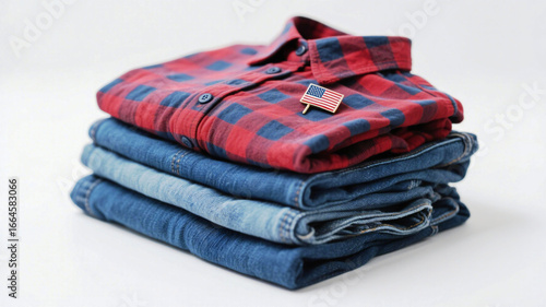 Crisp stack of folded flannel shirt and denim jeans adorned with a patriotic American flag pin, perfect for casual fashion or lifestyle themes