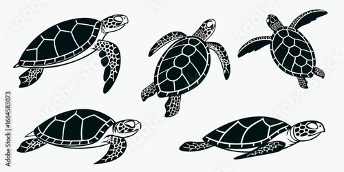 Five Stylized Black Sea Turtles Swimming