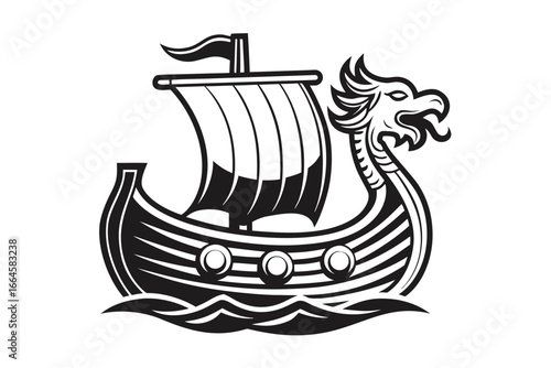 Black Viking Ship with Dragon Head and Wavy Water on White Background