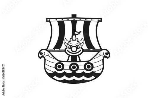 Black Silhouette Viking Drakkar Boat with Dragon Head on White Background
