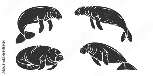 Four Stylized Manatee Silhouettes in Different Poses