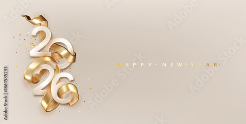 2026 Happy New Year eve. Celebration greeting card Banner with golden realistic number and ribbon