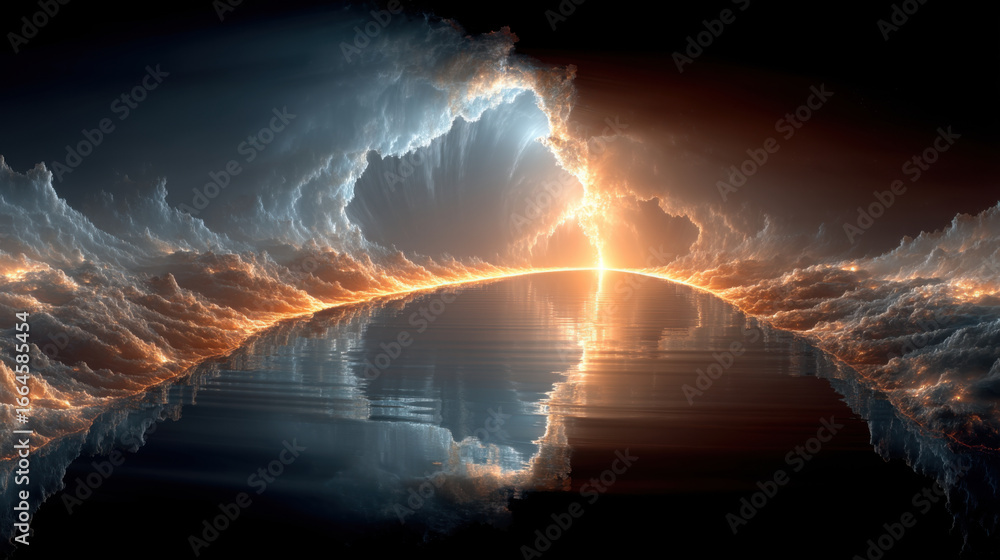 Obraz premium Surreal digital artwork depicts glowing bridge made of light crossing infinite chasm, with dramatic clouds and bright, fiery sunset in background, creating mystical and fantastical scene