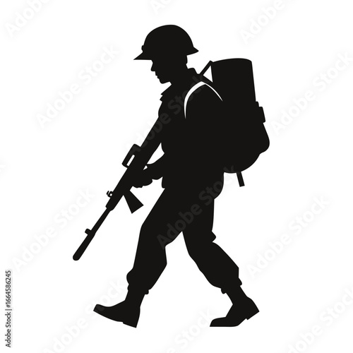 soldier walking with backpack and rifle in profile view