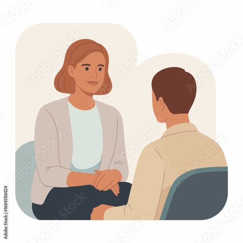 Woman in a cardigan sits facing a man, possibly in therapy or a counseling session.