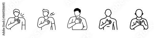 Chest Pain Symptoms Line Icon Set Featuring Heart Attack, Angina, and Medical Emergency Pictograms, Healthcare and Cardiology Vector Illustrations for Disease Awareness
