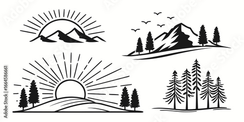 Mountain Sunrise and Pine Tree Silhouettes