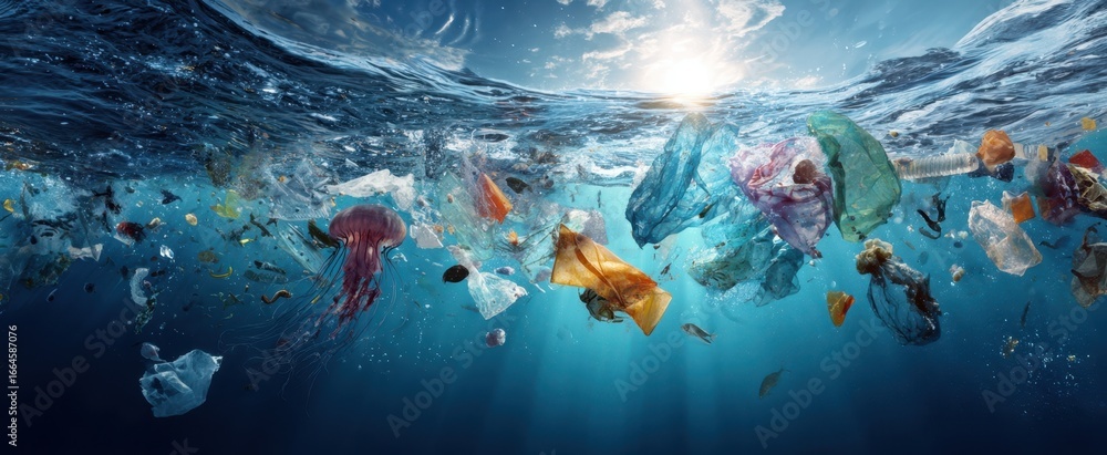 Fototapeta premium The Ocean Filled with Floating Plastic Debris and Marine Life Affected