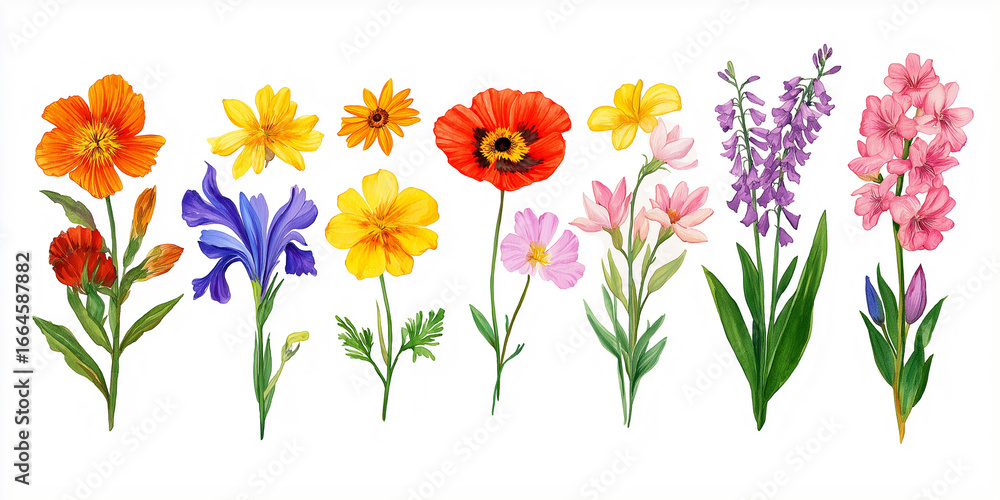 Obraz premium Botanical illustration showcasing a diverse collection of vibrant wildflowers