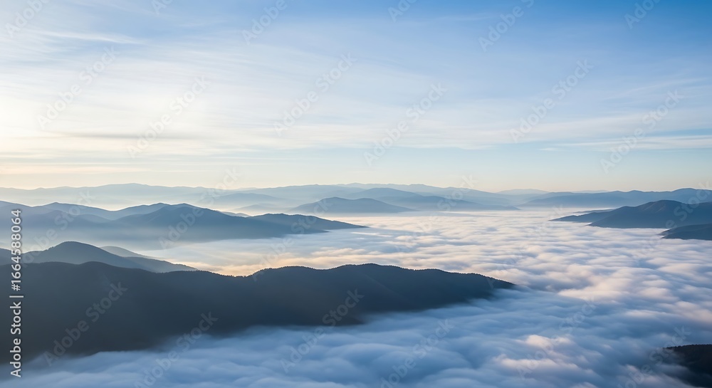 Naklejka premium Serene high-angle vista of a mountain range covered by a sea of mist at dawn, creating a tranquil and scenic natural panorama