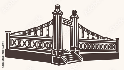 Illustration of a decorative bridge entrance with pillars and cross patterned railings in monochrome style silhouette
