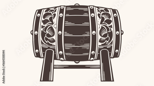 Illustration of a decorated wooden barrel with floral designs and metal hoops, standing on a wooden stand silhouette