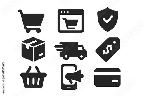 E-commerce solid icon set for online shopping. Web and mobile glyphs collection. Includes cart, delivery, secure payment, digital marketing, and retail vector symbols.