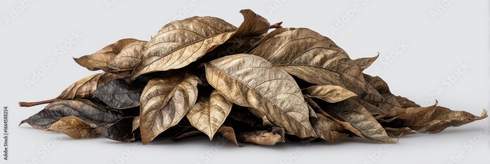 Fototapeta premium Dried leaves in various shades piled together, creating a textured natural arrangement