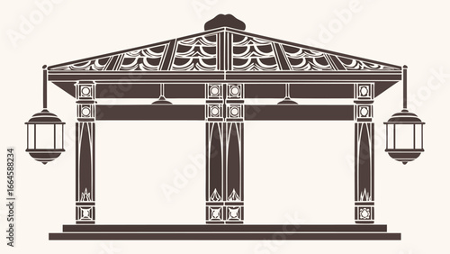 Illustration of an ornate gazebo structure with hanging lanterns and decorative roof design elements present silhouette