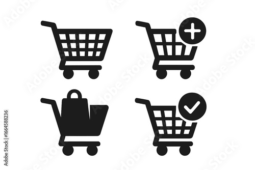 Shopping cart silhouette icon set. Retail and purchase symbols for e-commerce. Vector graphic elements for website and app UI design. Add to cart, buy, and checkout icons.