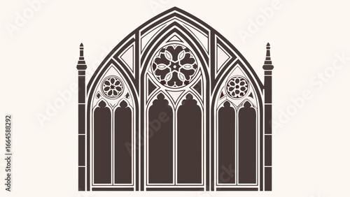 Detailed illustration of a gothic style window with floral and geometric elements and spired columns silhouette
