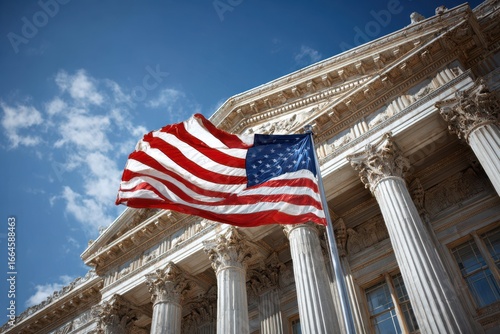 Large American flag waving in front of historic government building on a clear day